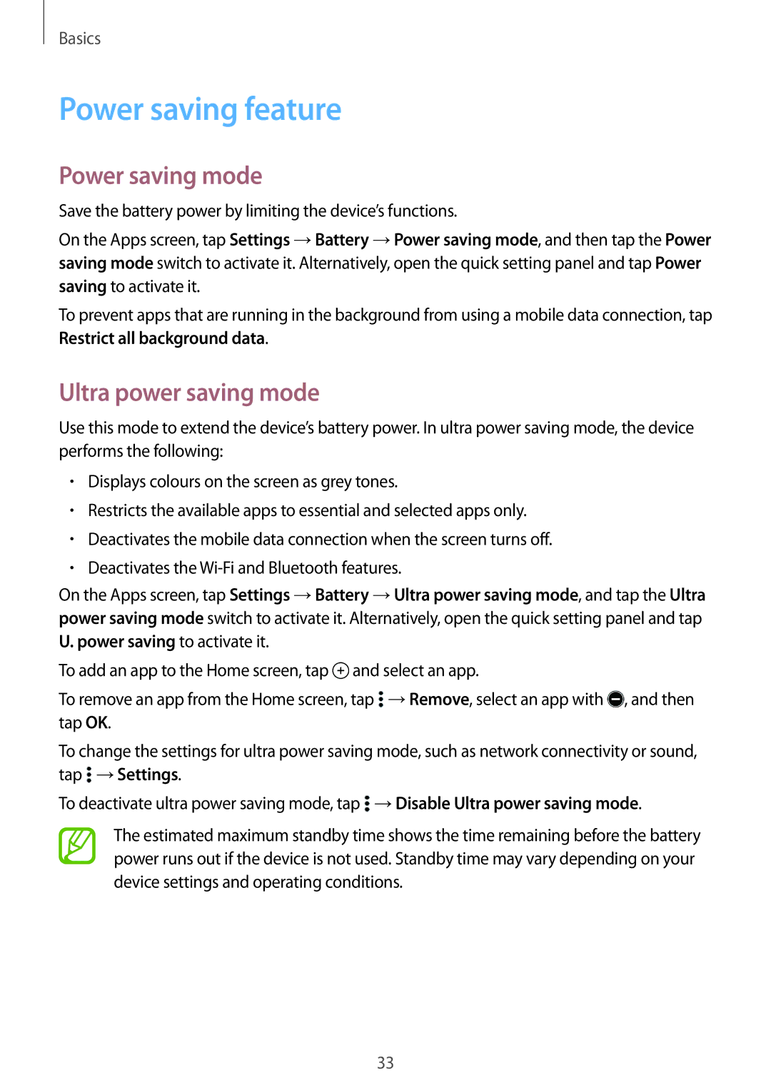 Samsung SM-A300FZWUPLS, SM-A300FZDDSEE, SM-A300FZDUMEO Power saving feature, Power saving mode, Ultra power saving mode 