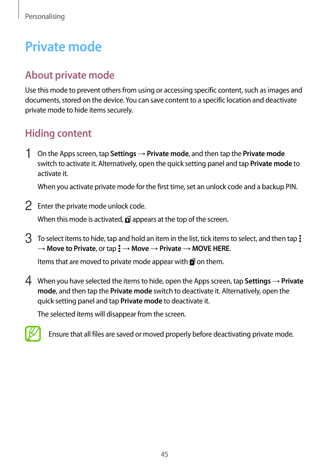 Samsung SM-A300FZSUEUR, SM-A300FZDDSEE, SM-A300FZDUMEO, SM-A300FZDUXEO manual Private mode, About private mode, Hiding content 
