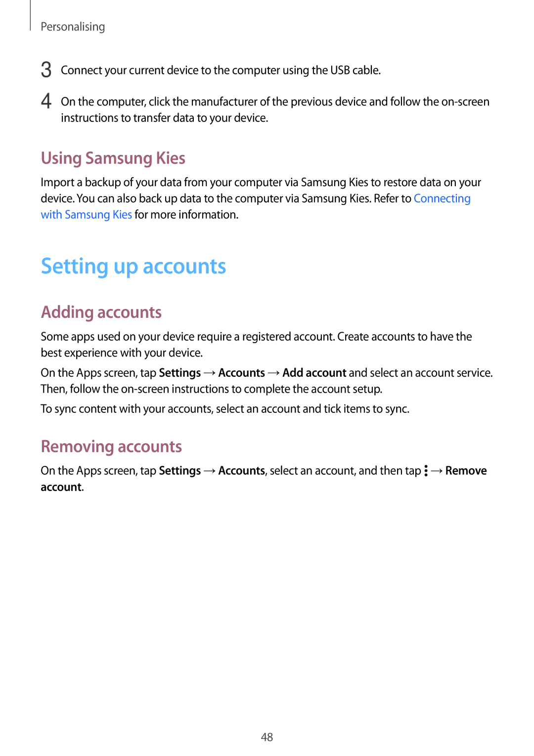 Samsung SM-A300FZSUSEB, SM-A300FZDDSEE manual Setting up accounts, Using Samsung Kies, Adding accounts, Removing accounts 