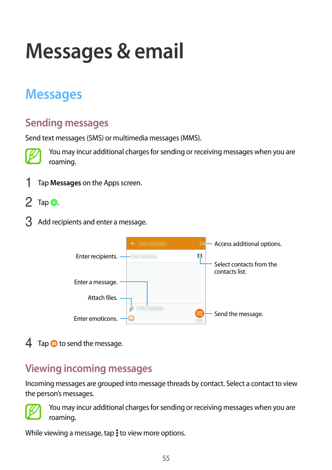 Samsung SM-A300FZWUEUR, SM-A300FZDDSEE, SM-A300FZDUMEO manual Messages & email, Sending messages, Viewing incoming messages 