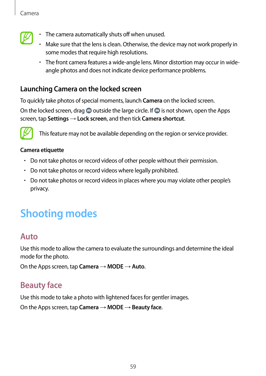 Samsung SM-A300FZDUDBT manual Shooting modes, Auto, Beauty face, Launching Camera on the locked screen, Camera etiquette 