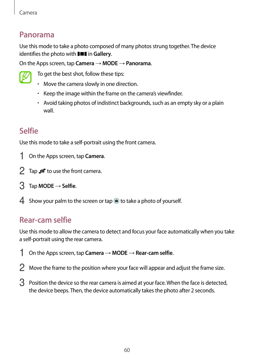 Samsung SM2A300FZWUDDE, SM-A300FZDDSEE, SM-A300FZDUMEO, SM-A300FZDUXEO manual Panorama, Rear-cam selfie, Tap Mode →Selfie 
