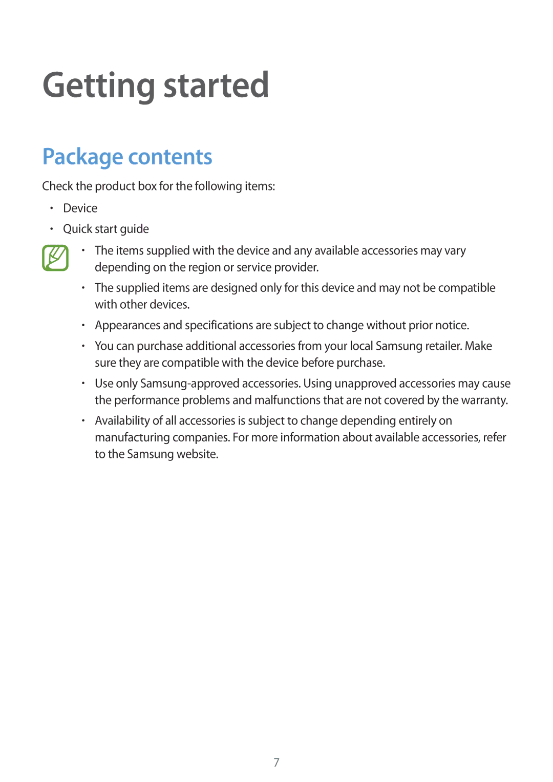 Samsung SM-A300FZKUCOS, SM-A300FZDDSEE, SM-A300FZDUMEO, SM-A300FZDUXEO, SM-A300FZWUVGR manual Getting started, Package contents 