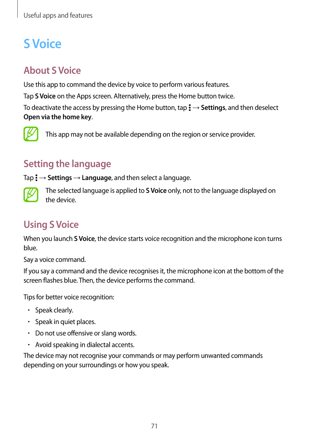 Samsung SM-A300FZWUOMN, SM-A300FZDDSEE, SM-A300FZDUMEO manual About S Voice, Setting the language, Using S Voice 