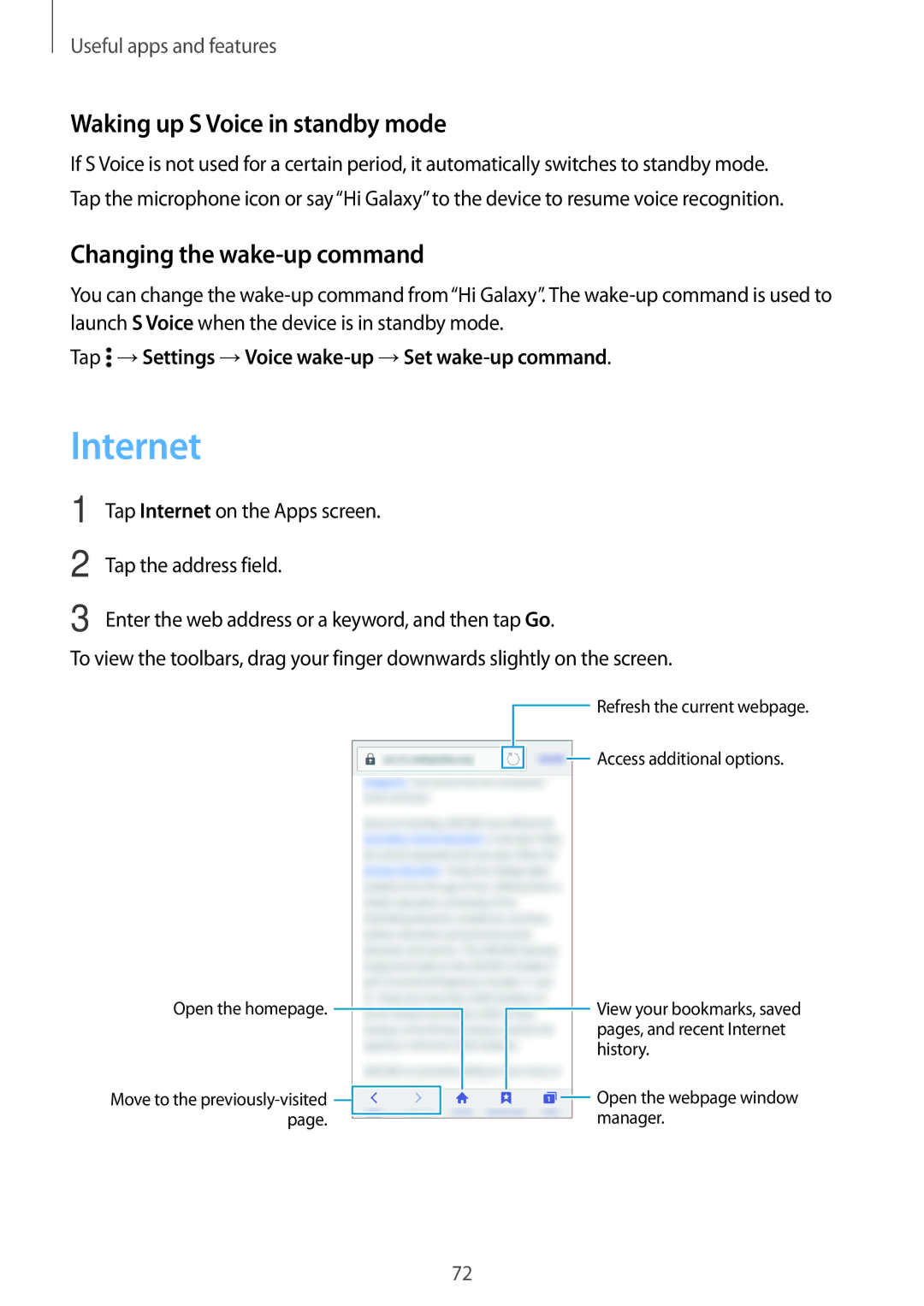 Samsung SM-A300FZWUAUT, SM-A300FZDDSEE manual Internet, Waking up S Voice in standby mode, Changing the wake-up command 