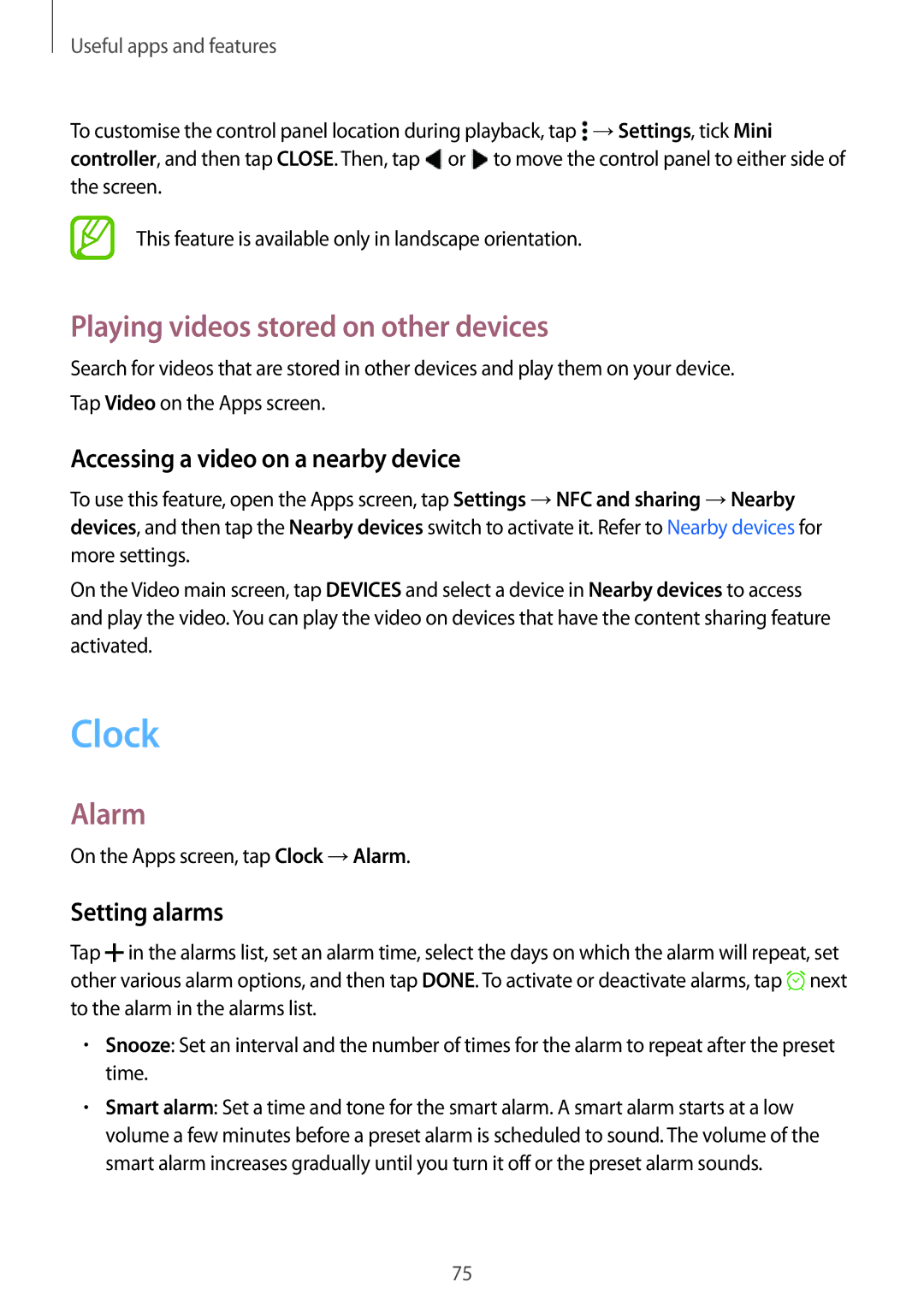 Samsung SM-A300FZKUITV manual Clock, Playing videos stored on other devices, Alarm, Accessing a video on a nearby device 