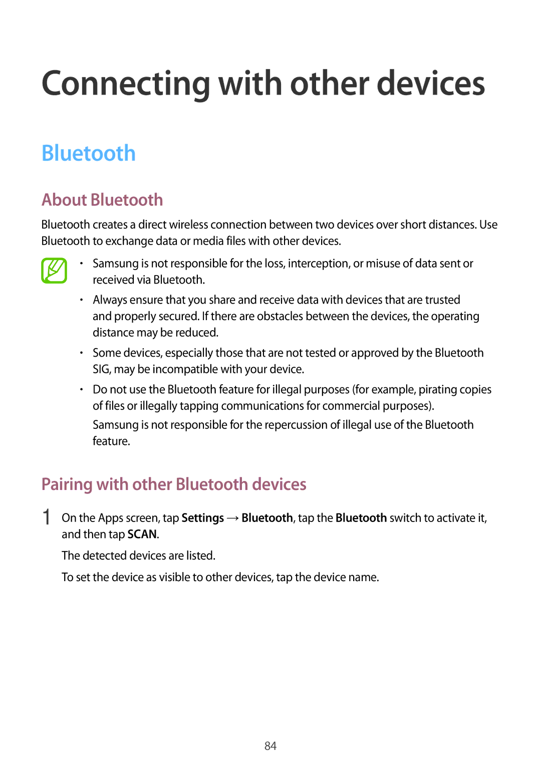 Samsung SM-A300FZKUHUI, SM-A300FZDDSEE, SM-A300FZDUMEO manual About Bluetooth, Pairing with other Bluetooth devices 