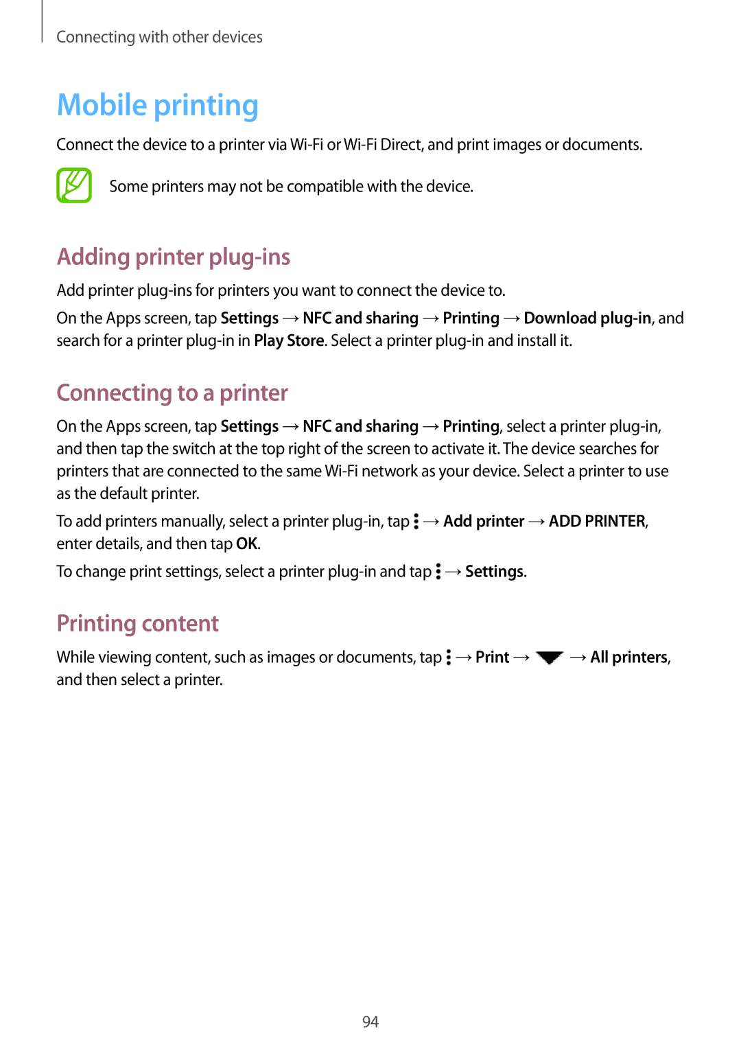 Samsung SM-A300FZKUWIN, SM-A300FZDDSEE Mobile printing, Adding printer plug-ins, Connecting to a printer, Printing content 