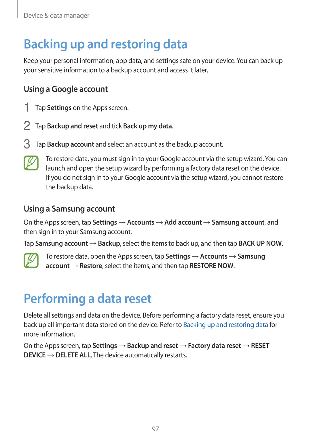 Samsung SM-A300FZKUDPL, SM-A300FZDDSEE manual Backing up and restoring data, Performing a data reset, Using a Google account 