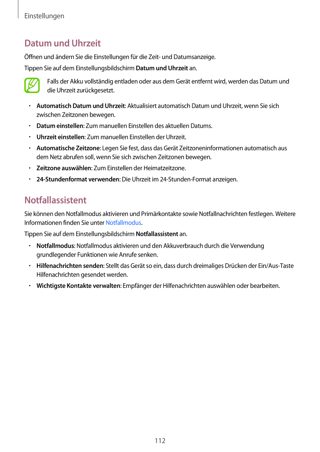 Samsung SM-A300FZKUOPT, SM-A300FZDDSEE, SM-A300FZDUMEO, SM-A300FZDUXEO, SM-A300FZWUVGR Datum und Uhrzeit, Notfallassistent 