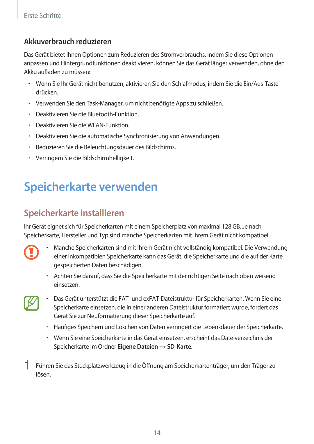 Samsung SM-A300FZDUEUR, SM-A300FZDDSEE manual Speicherkarte verwenden, Speicherkarte installieren, Akkuverbrauch reduzieren 