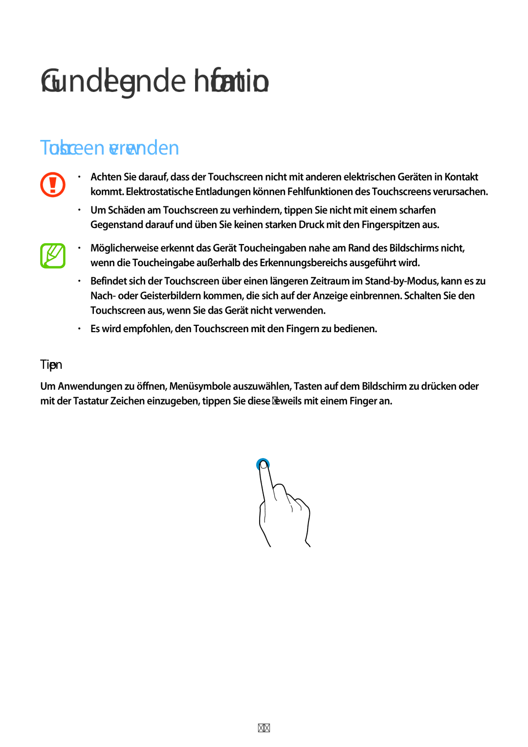 Samsung SM-A300FZWUMEO, SM-A300FZDDSEE, SM-A300FZDUMEO manual Grundlegende Information, Touchscreen verwenden, Tippen 