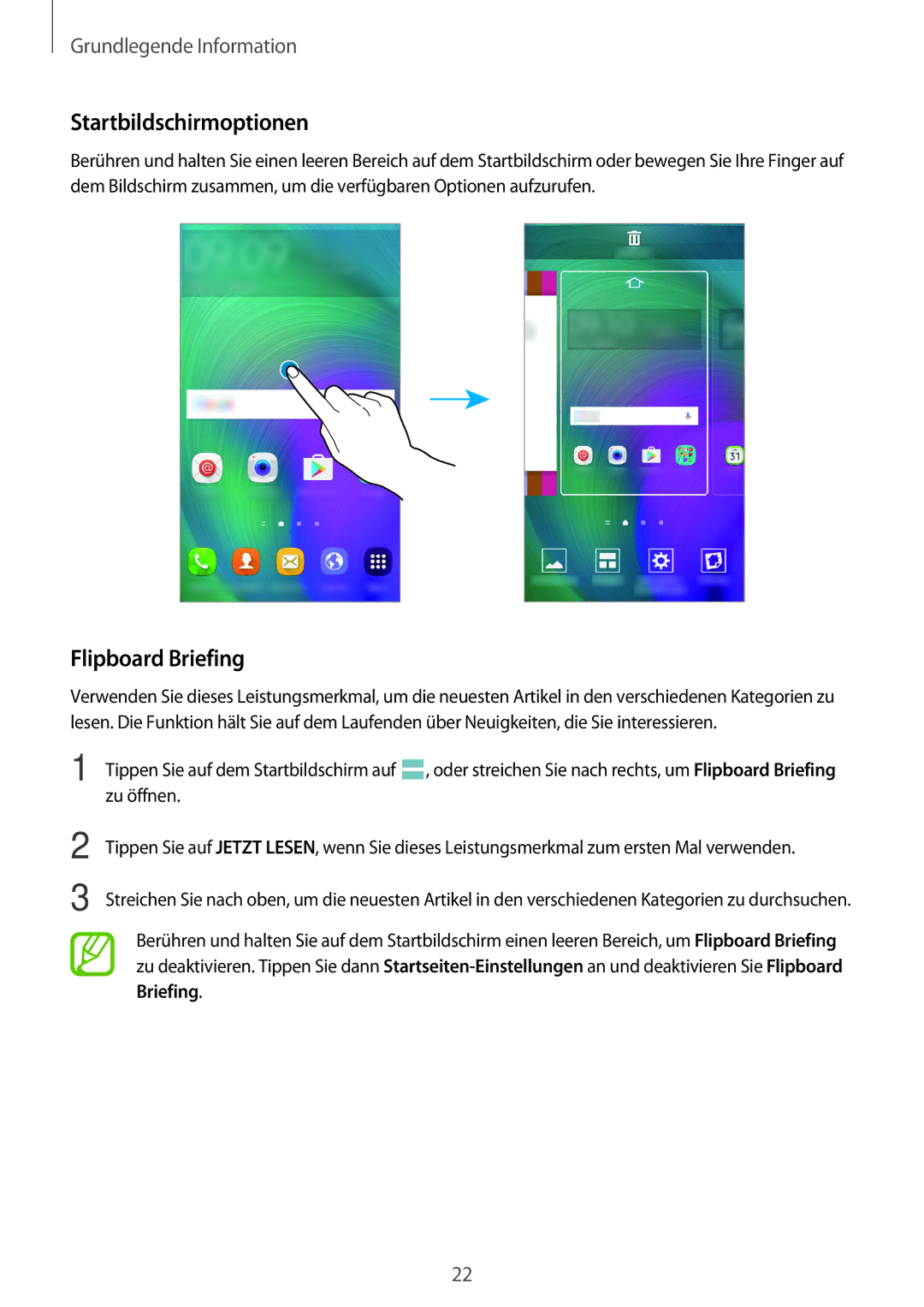 Samsung SM-A300FZKUCYV, SM-A300FZDDSEE, SM-A300FZDUMEO, SM-A300FZDUXEO manual Startbildschirmoptionen, Flipboard Briefing 