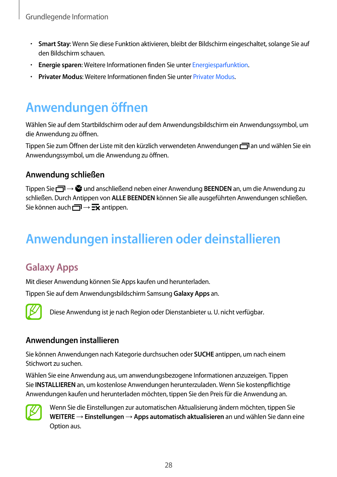 Samsung SM-A300FZWUCOS Anwendungen öffnen, Anwendungen installieren oder deinstallieren, Galaxy Apps, Anwendung schließen 