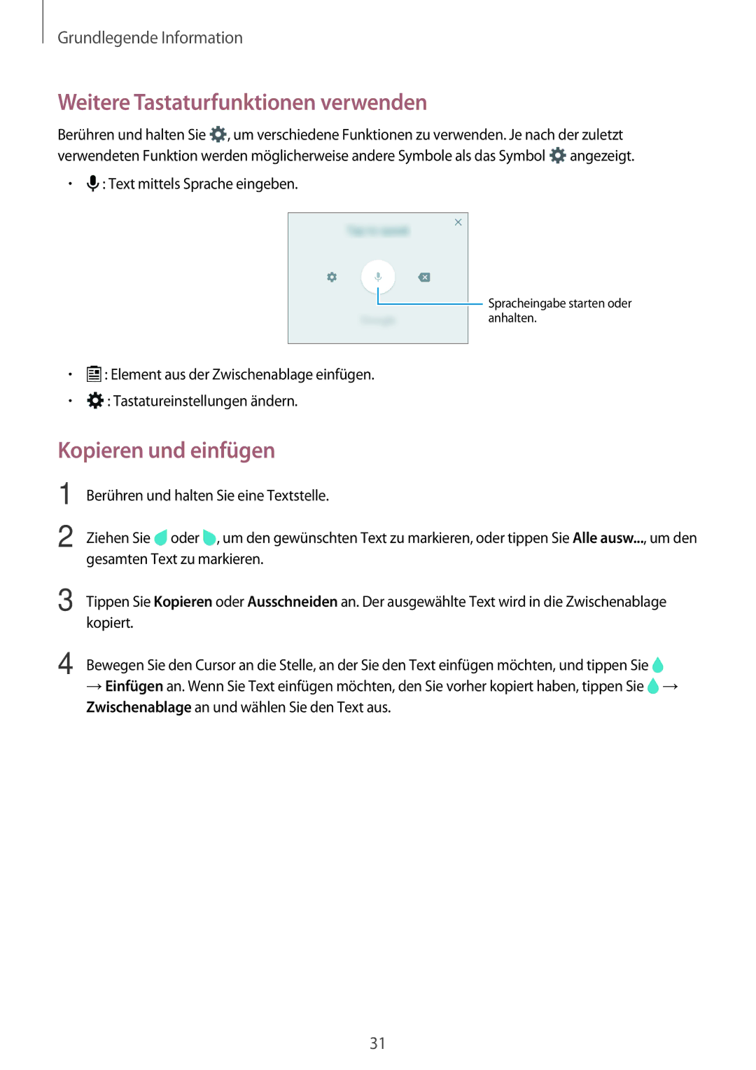 Samsung SM-A300FZKUDDE, SM-A300FZDDSEE, SM-A300FZDUMEO manual Weitere Tastaturfunktionen verwenden, Kopieren und einfügen 