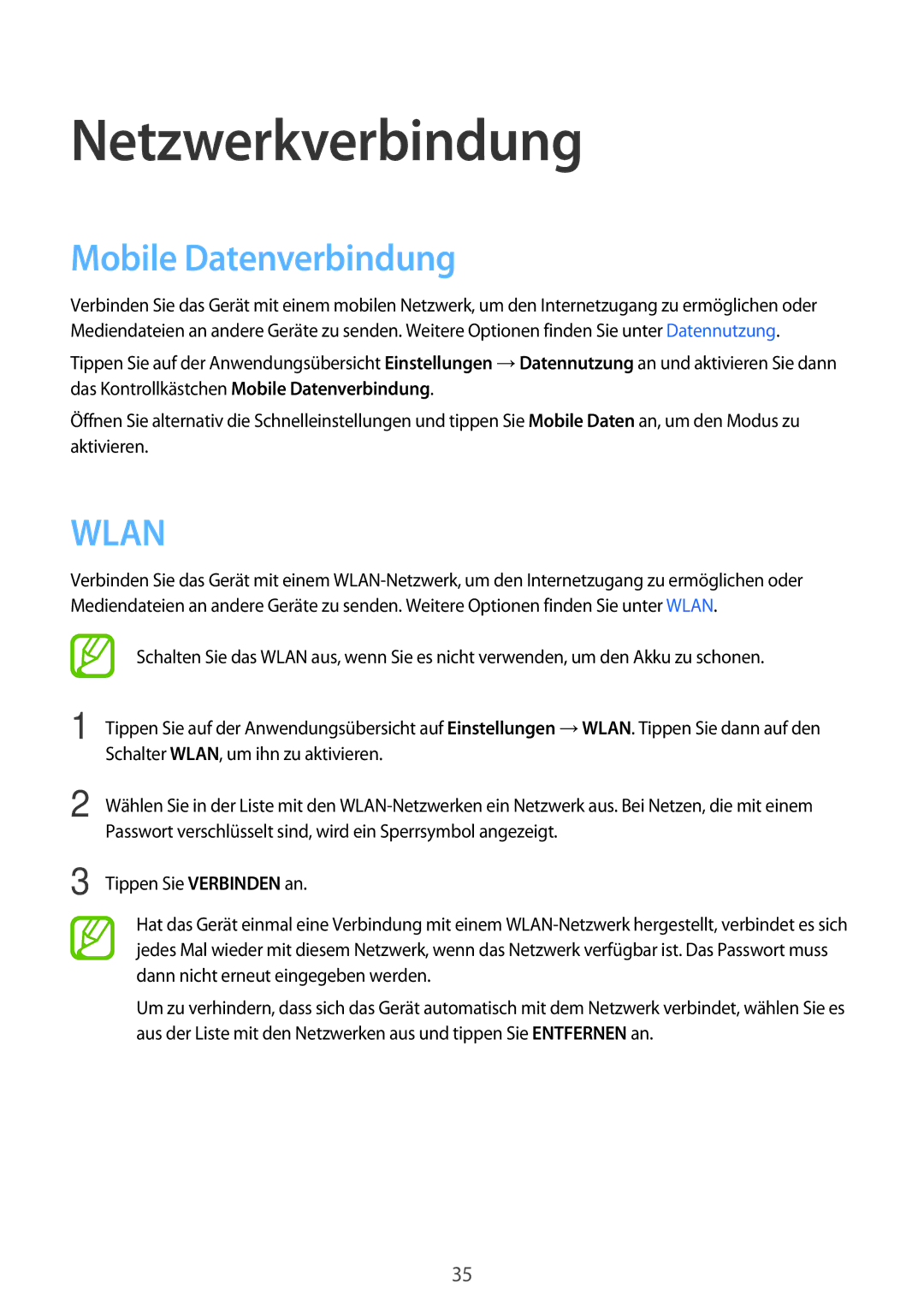 Samsung SM-A300FZDUVD2, SM-A300FZDDSEE, SM-A300FZDUMEO, SM-A300FZDUXEO manual Netzwerkverbindung, Mobile Datenverbindung 