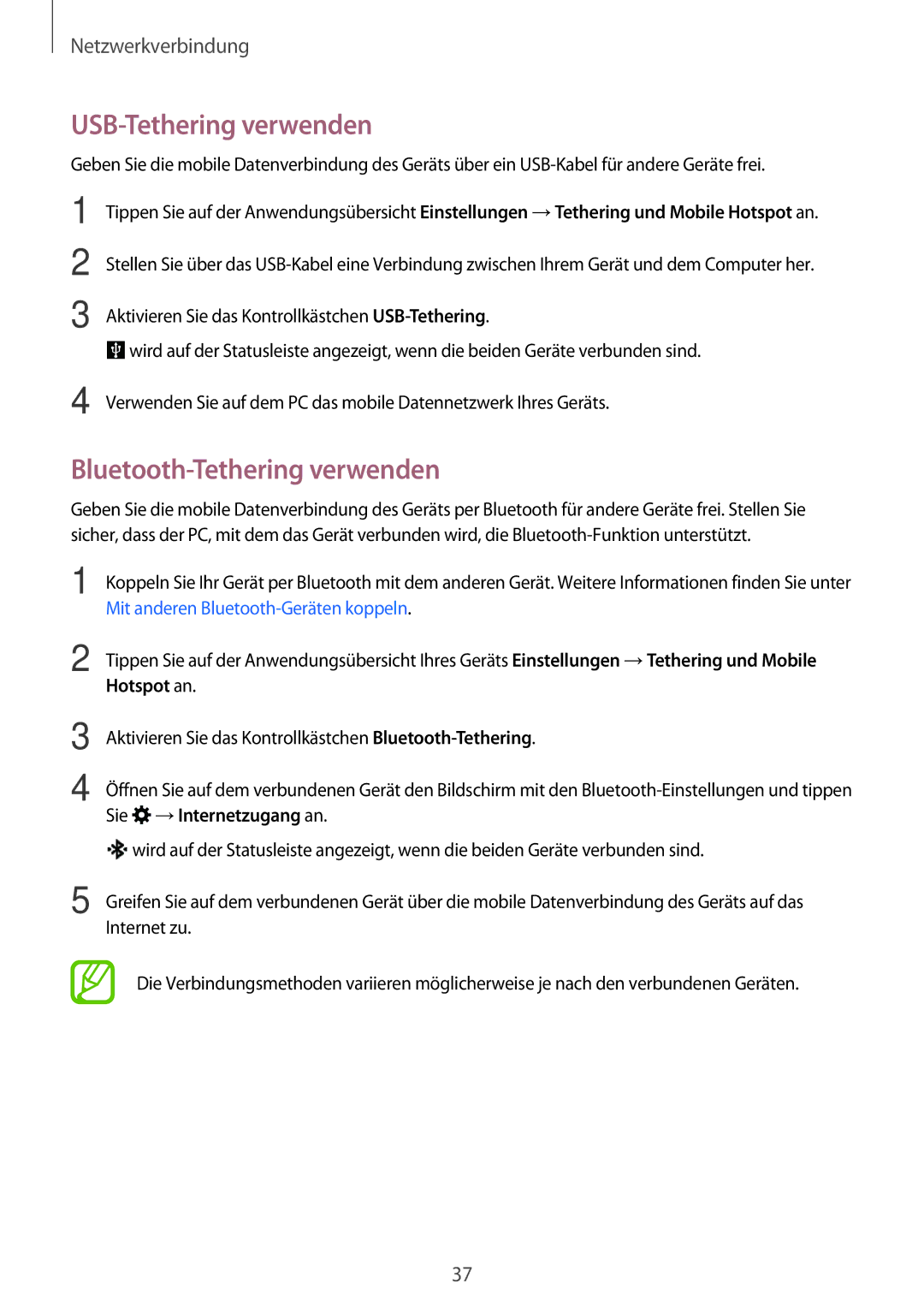 Samsung SM-A300FZDUCYV, SM-A300FZDDSEE, SM-A300FZDUMEO manual USB-Tethering verwenden, Bluetooth-Tethering verwenden 