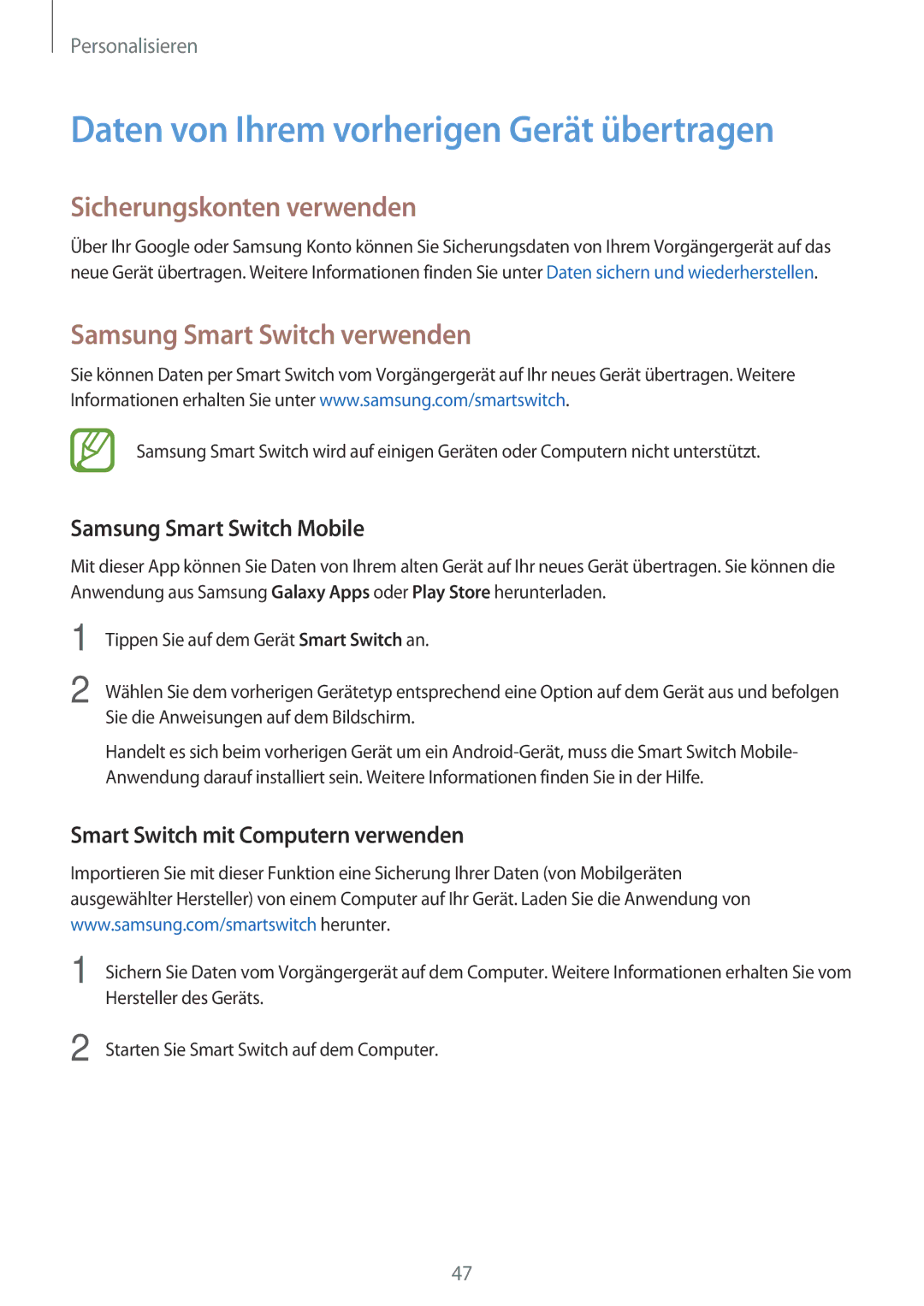 Samsung SM-A300FZWUPRT, SM-A300FZDDSEE manual Daten von Ihrem vorherigen Gerät übertragen, Sicherungskonten verwenden 