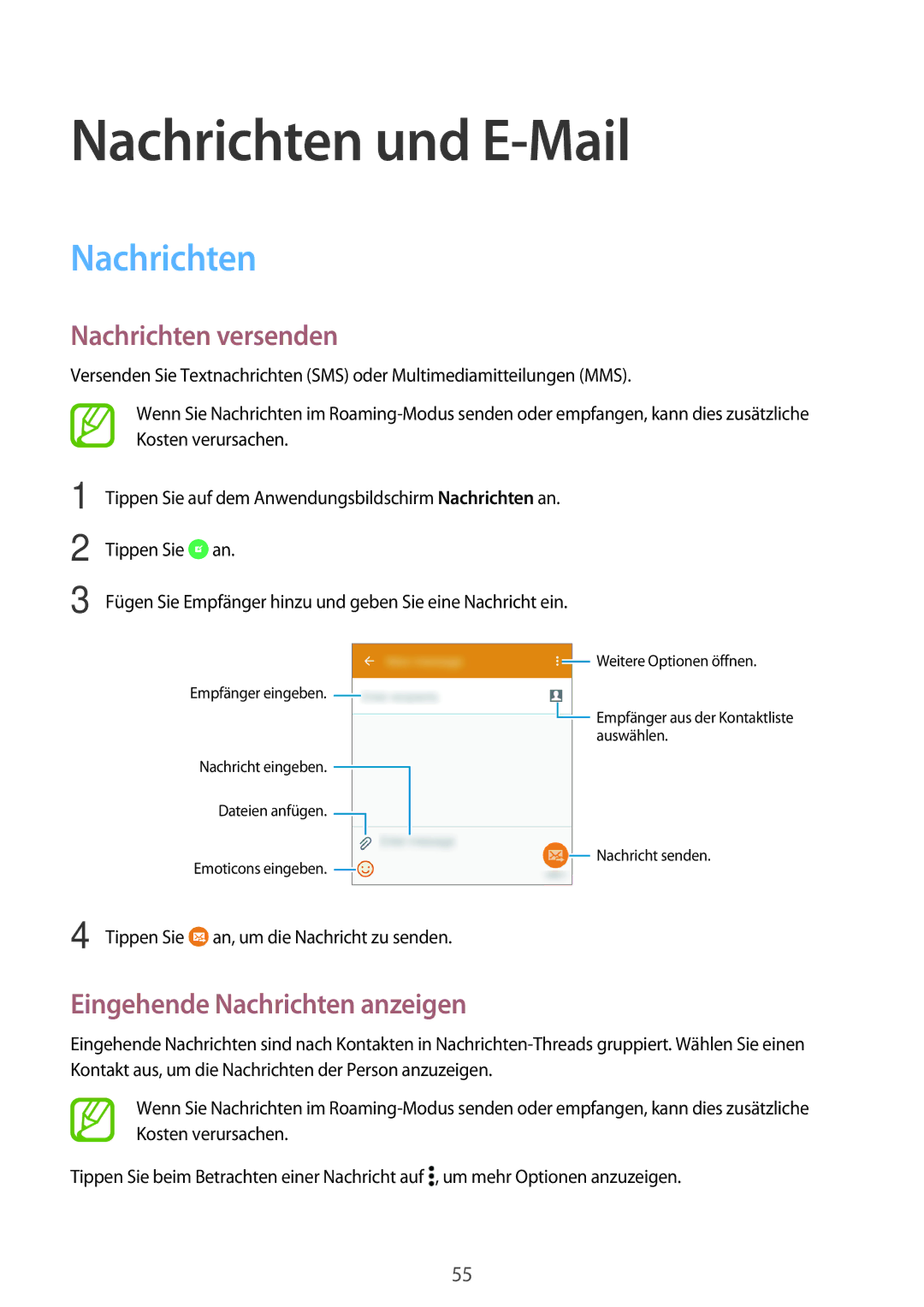 Samsung SM-A300FZWUEUR, SM-A300FZDDSEE manual Nachrichten und E-Mail, Nachrichten versenden, Eingehende Nachrichten anzeigen 