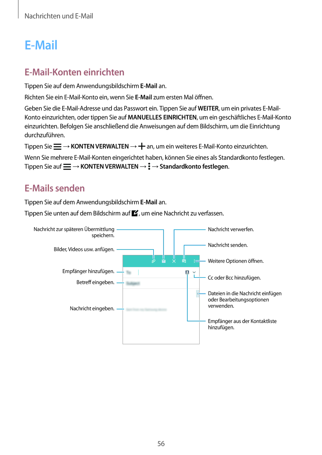 Samsung SM-A300FZWDSEE, SM-A300FZDDSEE, SM-A300FZDUMEO, SM-A300FZDUXEO manual Mail-Konten einrichten, Mails senden 