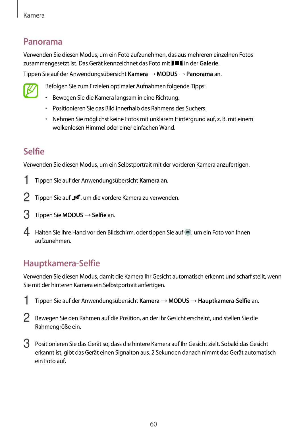 Samsung SM2A300FZWUDDE, SM-A300FZDDSEE, SM-A300FZDUMEO, SM-A300FZDUXEO, SM-A300FZWUVGR manual Panorama, Hauptkamera-Selfie 