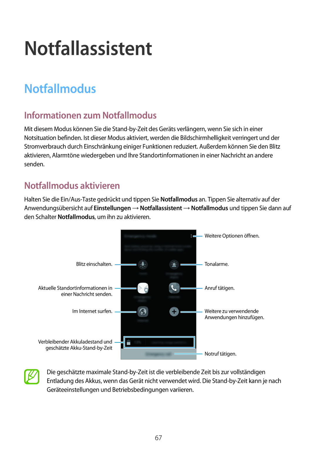 Samsung SM-A300FZKUSFR, SM-A300FZDDSEE manual Notfallassistent, Informationen zum Notfallmodus, Notfallmodus aktivieren 