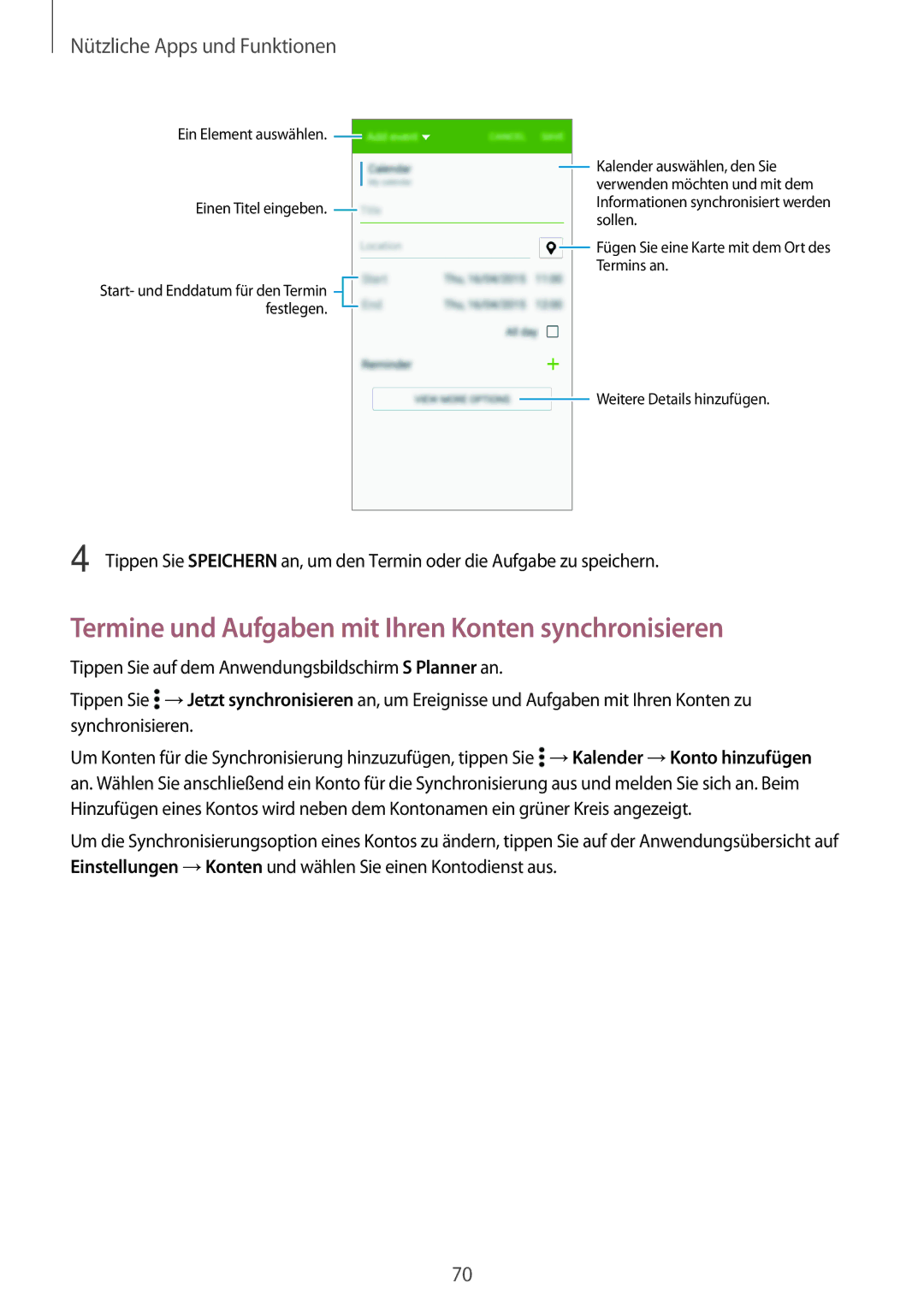 Samsung SM-A300FZDUMEO manual Termine und Aufgaben mit Ihren Konten synchronisieren, Nützliche Apps und Funktionen 