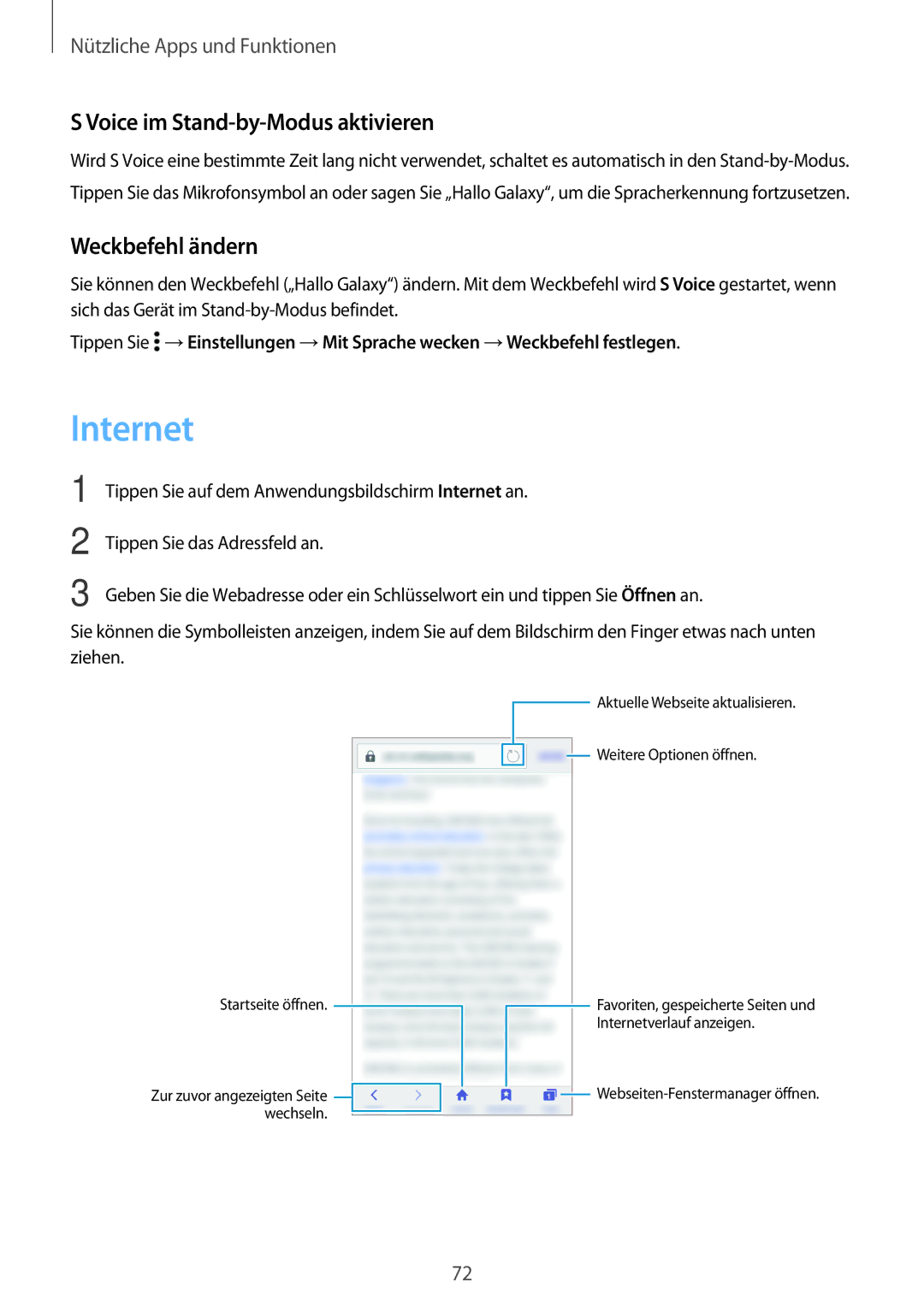 Samsung SM-A300FZWUVGR, SM-A300FZDDSEE, SM-A300FZDUMEO manual Internet, Voice im Stand-by-Modus aktivieren, Weckbefehl ändern 