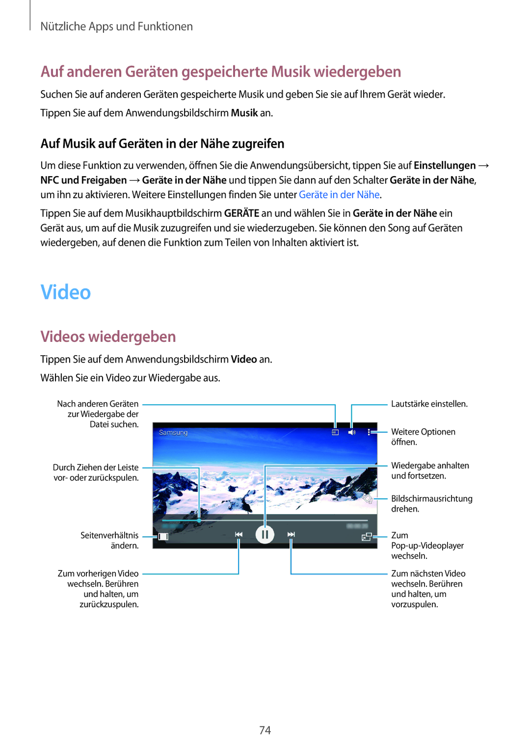 Samsung SM-A300FZWUATO, SM-A300FZDDSEE manual Auf anderen Geräten gespeicherte Musik wiedergeben, Videos wiedergeben 