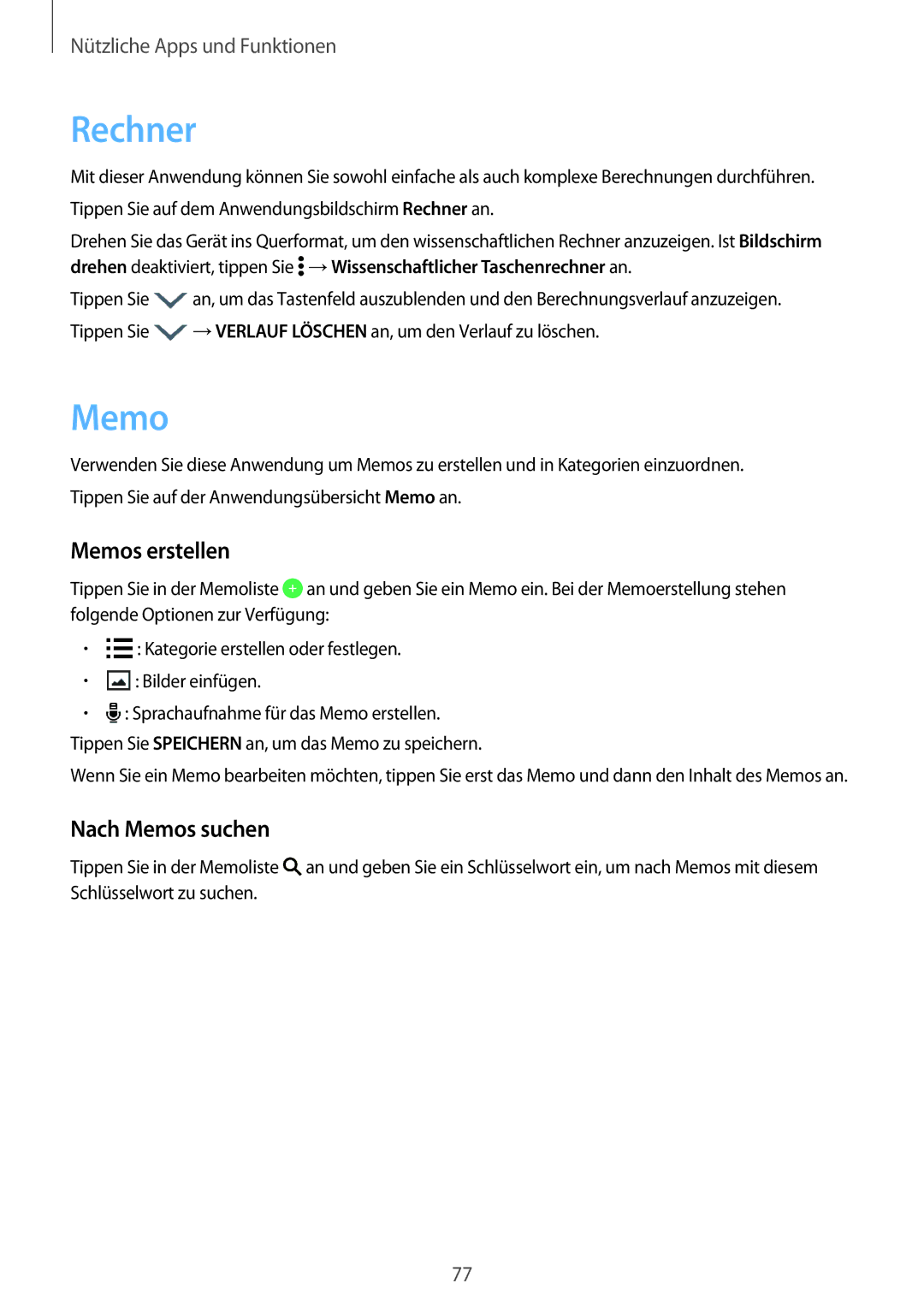 Samsung SM-A300FZKDSEE, SM-A300FZDDSEE, SM-A300FZDUMEO, SM-A300FZDUXEO manual Rechner, Memos erstellen, Nach Memos suchen 