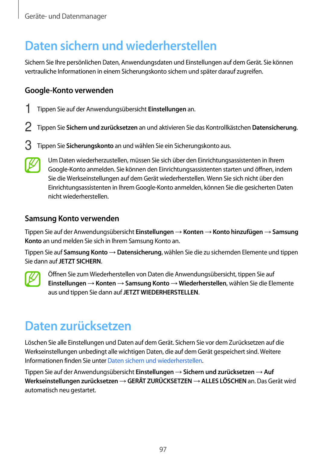 Samsung SM-A300FZWUCOS, SM-A300FZDDSEE manual Daten sichern und wiederherstellen, Daten zurücksetzen, Google-Konto verwenden 