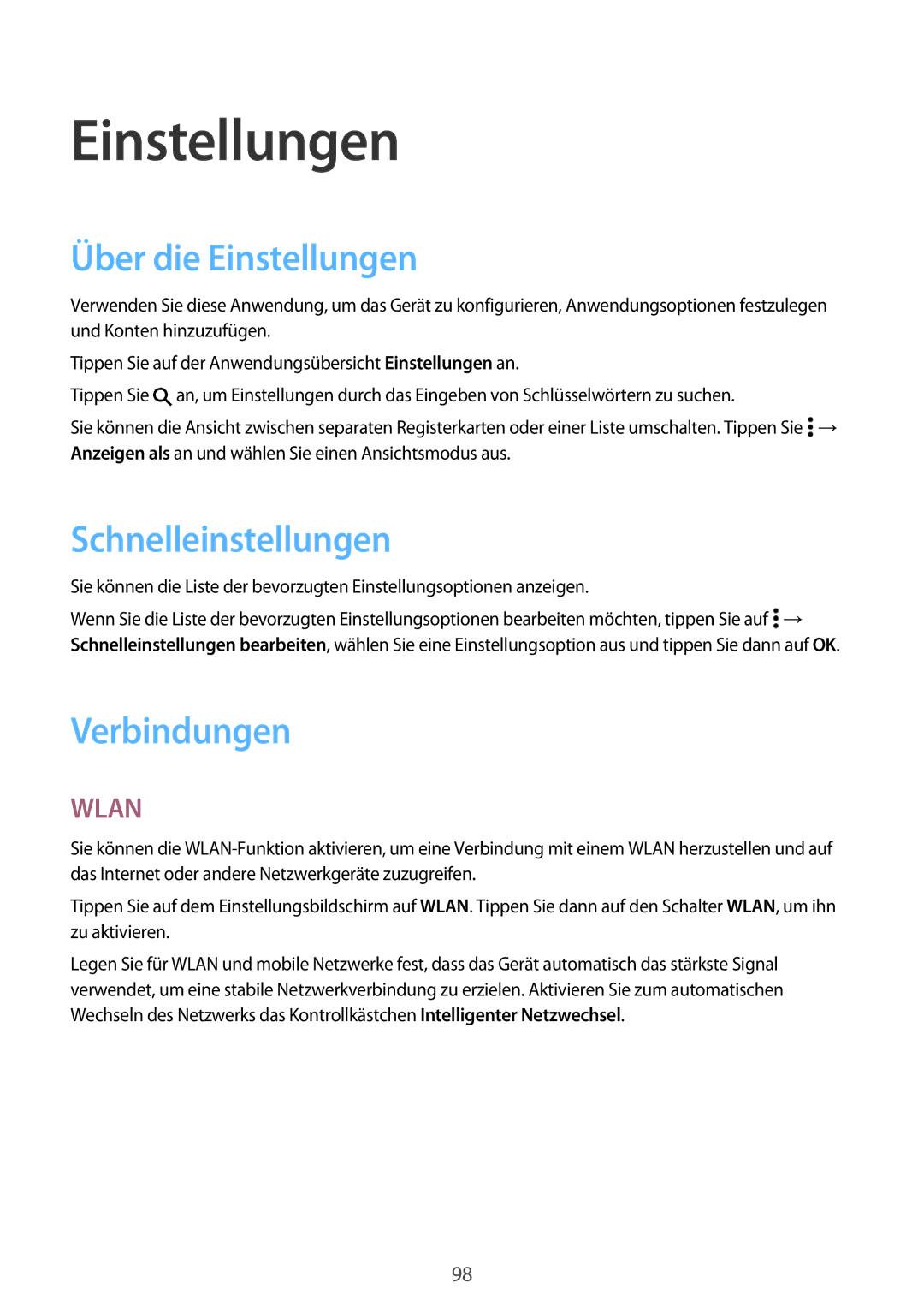 Samsung SM-A300FZWDROM, SM-A300FZDDSEE, SM-A300FZDUMEO manual Über die Einstellungen, Schnelleinstellungen, Verbindungen 