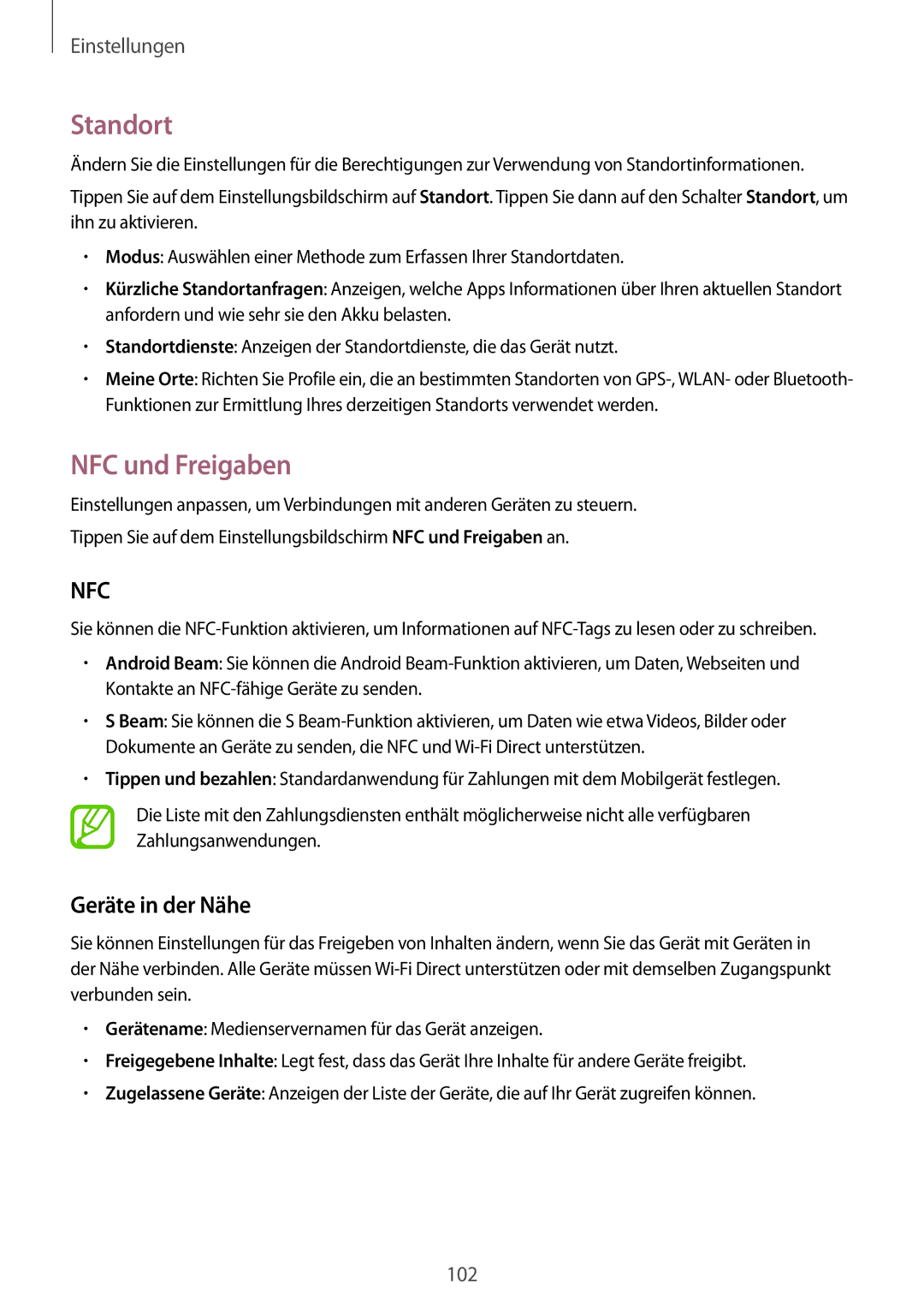 Samsung SM-A300FZWUPLS, SM-A300FZDDSEE, SM-A300FZDUMEO, SM-A300FZDUXEO manual Standort, NFC und Freigaben, Geräte in der Nähe 