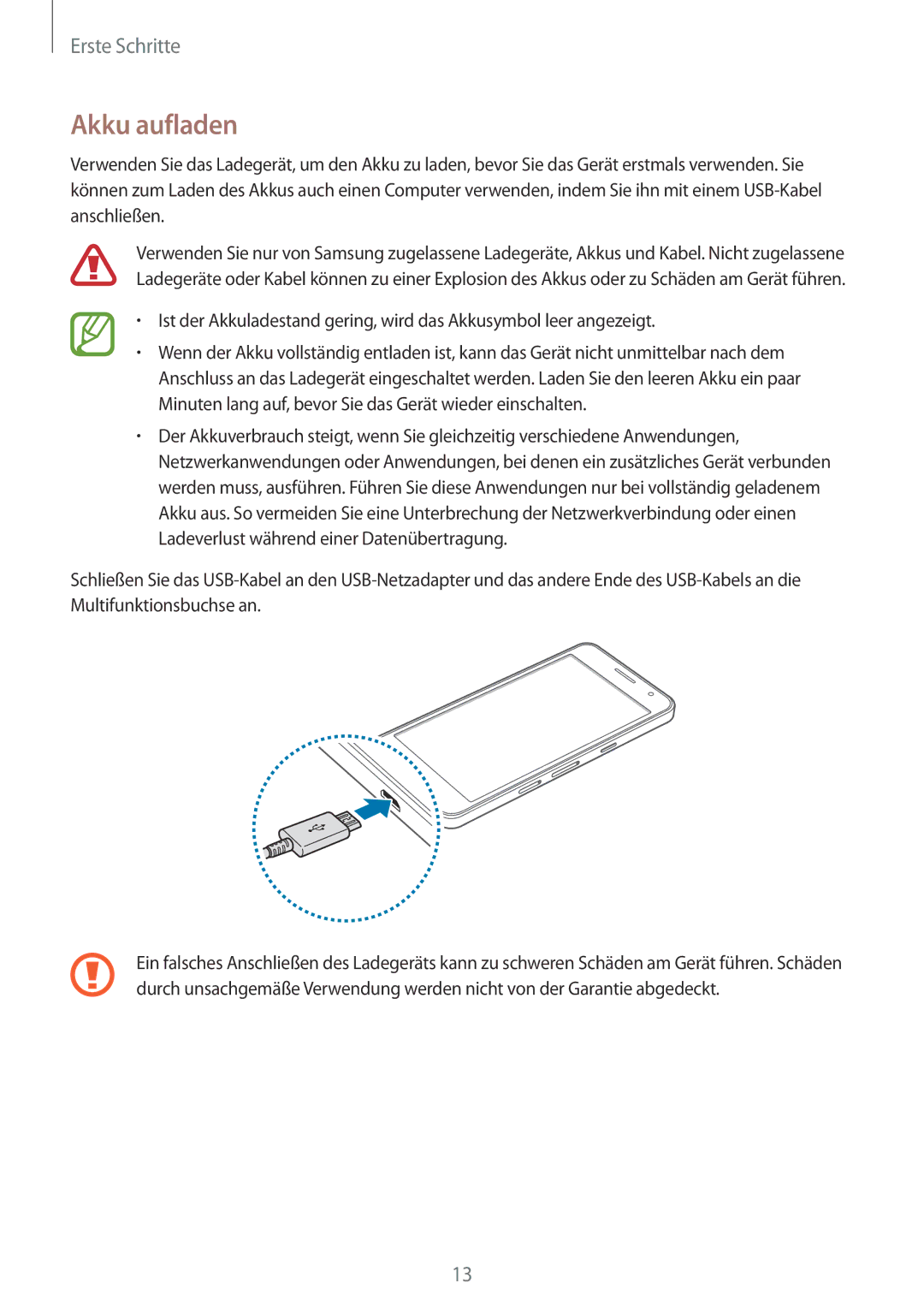 Samsung SM-A300FZKUTCL, SM-A300FZDDSEE, SM-A300FZDUMEO, SM-A300FZDUXEO, SM-A300FZWUVGR, SM-A300FZWUTCL manual Akku aufladen 