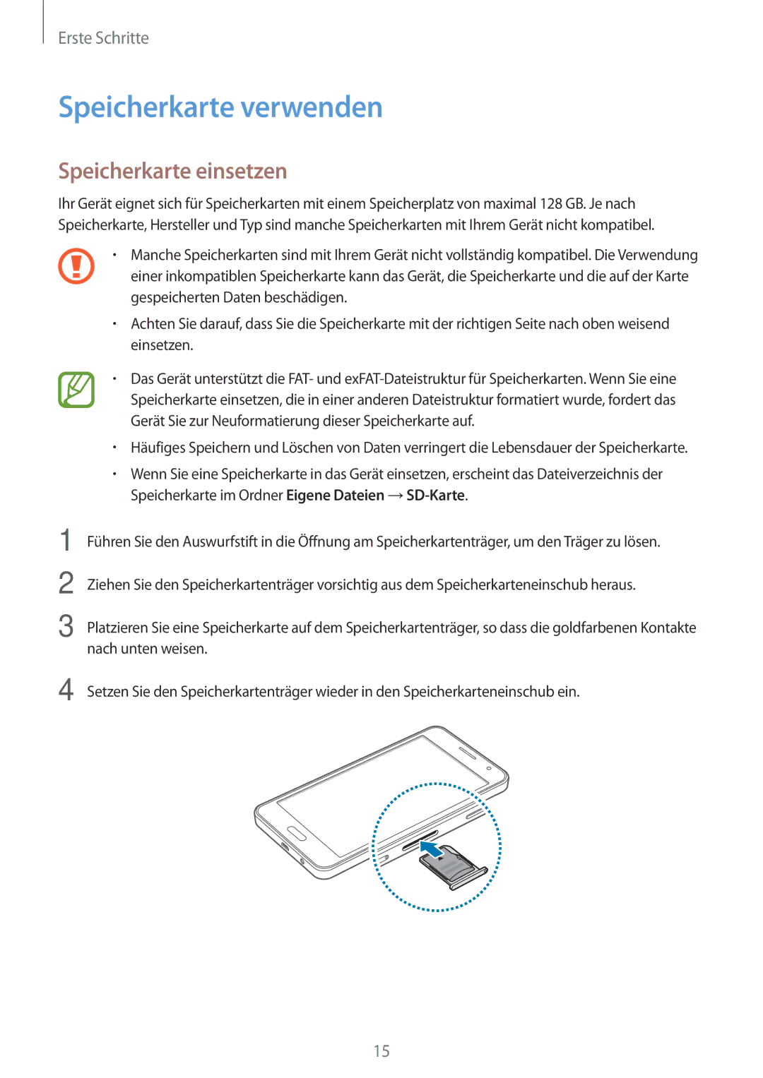 Samsung SM-A300FZDUCOS, SM-A300FZDDSEE, SM-A300FZDUMEO, SM-A300FZDUXEO manual Speicherkarte verwenden, Speicherkarte einsetzen 