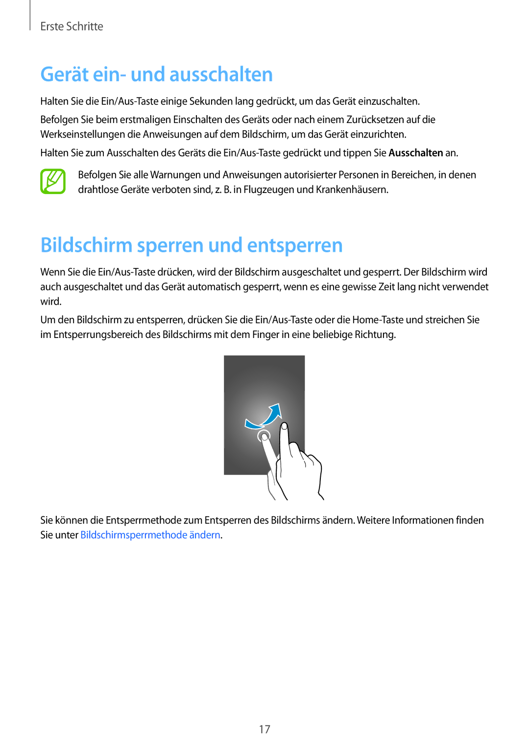 Samsung SM-A300FZWUMOB, SM-A300FZDDSEE, SM-A300FZDUMEO manual Gerät ein- und ausschalten, Bildschirm sperren und entsperren 