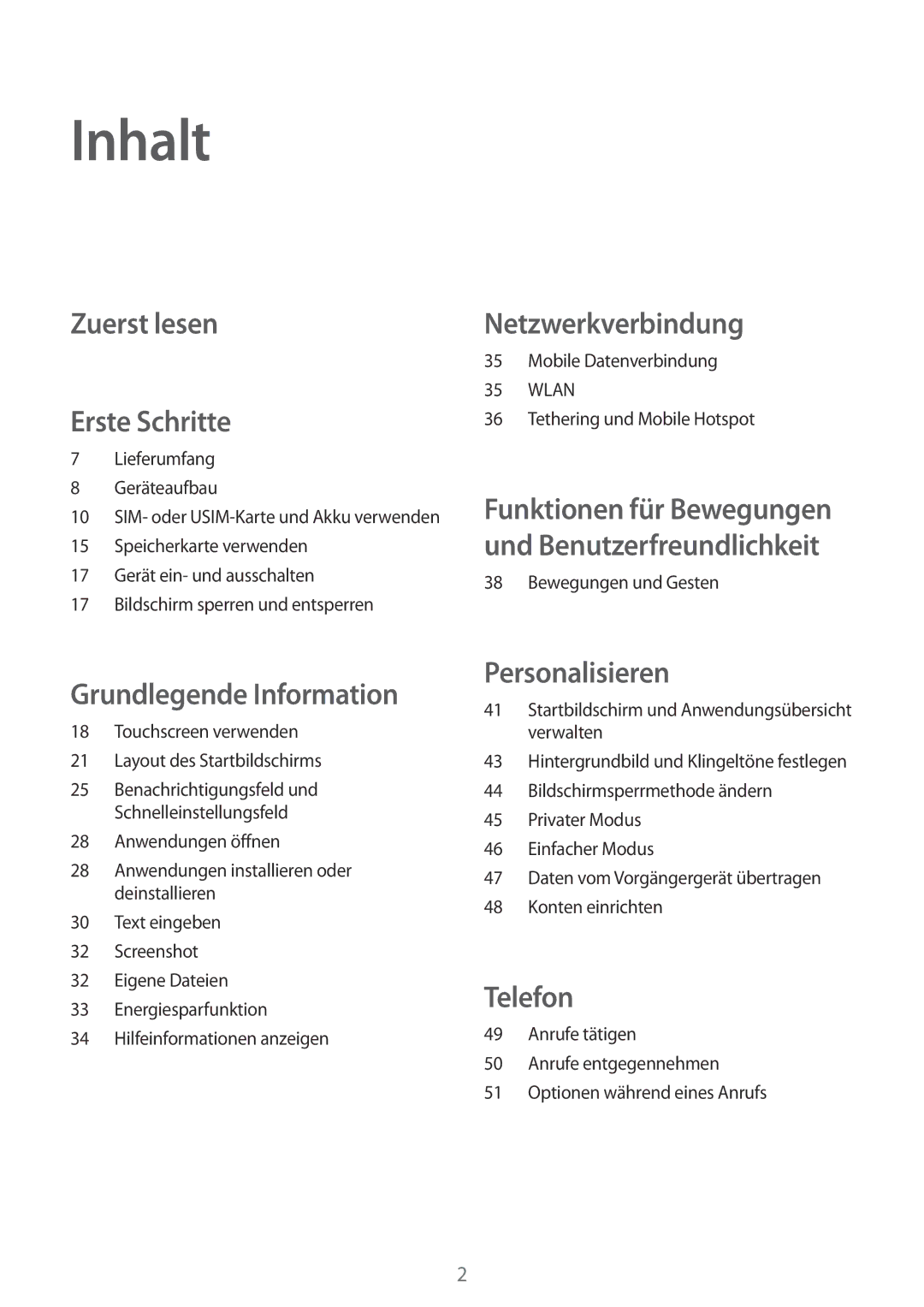 Samsung SM-A300FZDUXEO, SM-A300FZDDSEE, SM-A300FZDUMEO, SM-A300FZWUVGR, SM-A300FZWUTCL Inhalt, Zuerst lesen Erste Schritte 