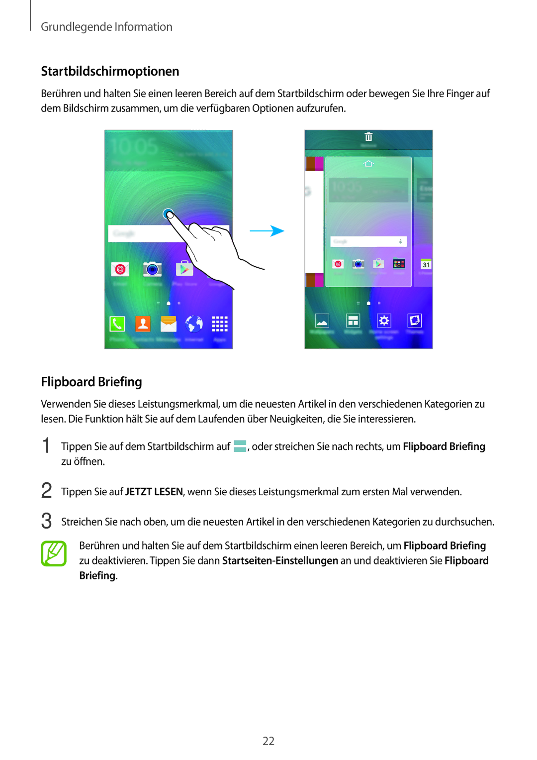 Samsung SM-A300FZKUCYV, SM-A300FZDDSEE, SM-A300FZDUMEO, SM-A300FZDUXEO manual Startbildschirmoptionen, Flipboard Briefing 