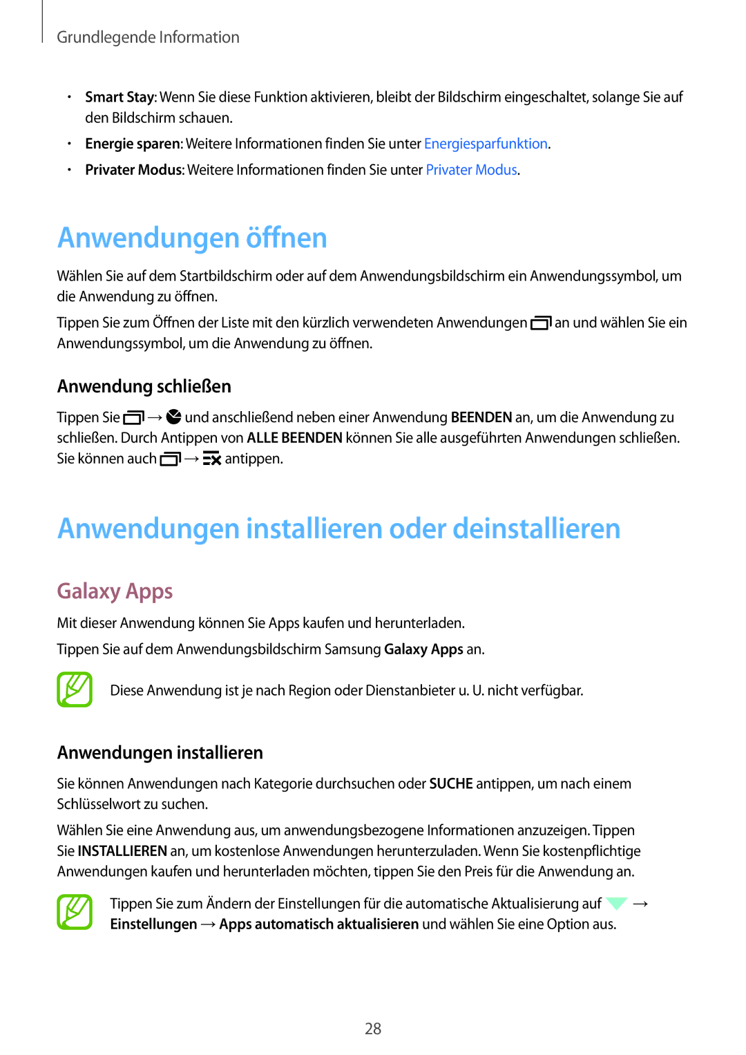 Samsung SM-A300FZWUCOS Anwendungen öffnen, Anwendungen installieren oder deinstallieren, Galaxy Apps, Anwendung schließen 