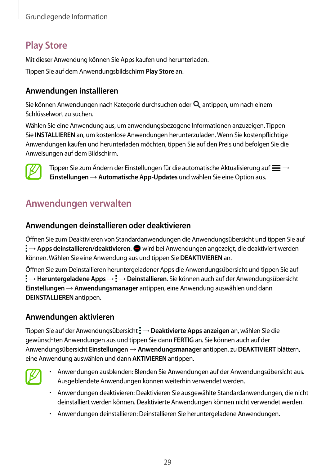 Samsung SM-A300FZWDROM, SM-A300FZDDSEE Play Store, Anwendungen verwalten, Anwendungen deinstallieren oder deaktivieren 