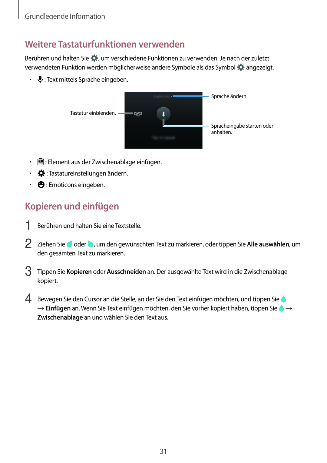 Samsung SM-A300FZKUDDE, SM-A300FZDDSEE, SM-A300FZDUMEO manual Weitere Tastaturfunktionen verwenden, Kopieren und einfügen 