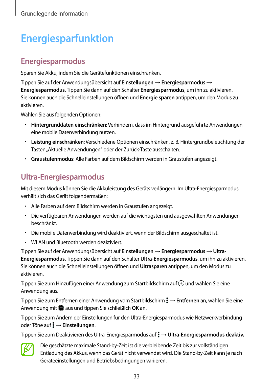 Samsung SM-A300FZWUPLS, SM-A300FZDDSEE, SM-A300FZDUMEO, SM-A300FZDUXEO manual Energiesparfunktion, Ultra-Energiesparmodus 