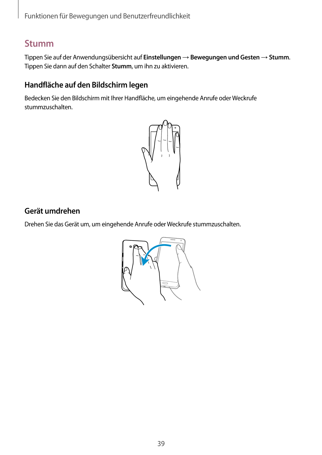 Samsung SM-A300FZKUDRE, SM-A300FZDDSEE, SM-A300FZDUMEO manual Stumm, Handfläche auf den Bildschirm legen, Gerät umdrehen 