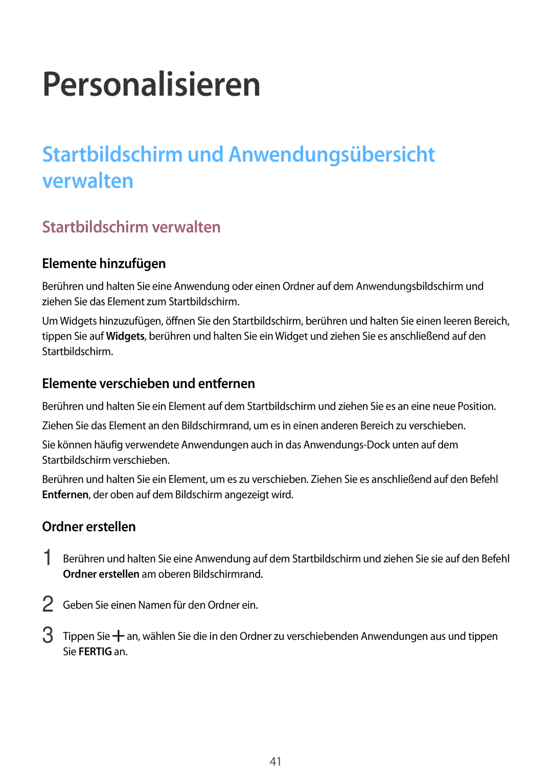 Samsung SM-A300FZKDATO manual Personalisieren, Startbildschirm und Anwendungsübersicht verwalten, Startbildschirm verwalten 