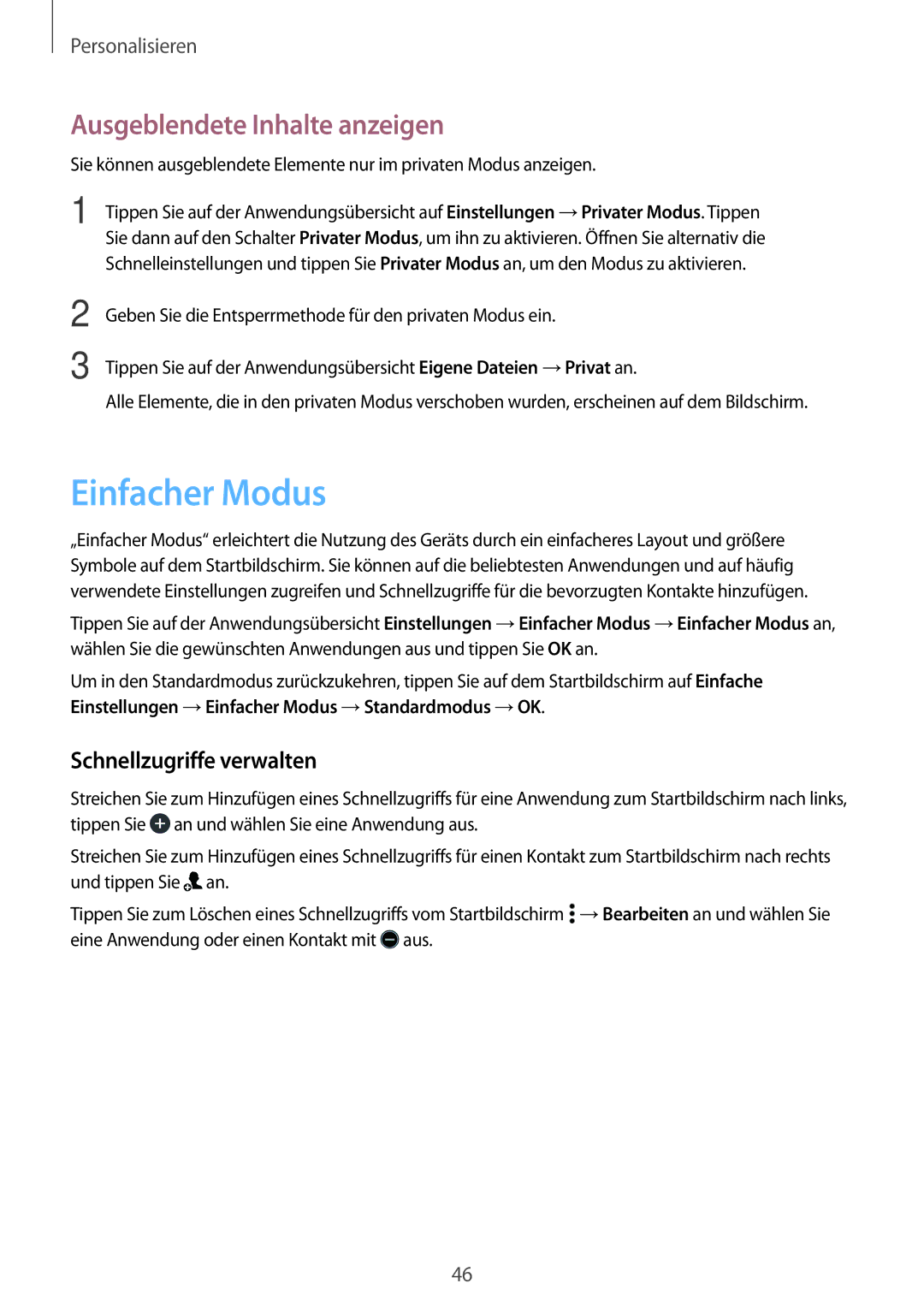 Samsung SM-A300FZWUXEO, SM-A300FZDDSEE manual Einfacher Modus, Ausgeblendete Inhalte anzeigen, Schnellzugriffe verwalten 