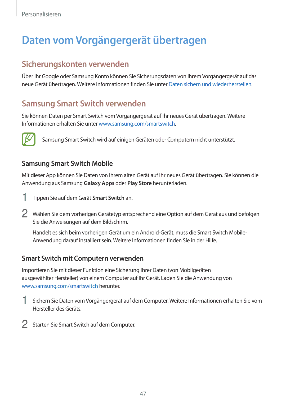 Samsung SM-A300FZWUPRT Daten vom Vorgängergerät übertragen, Sicherungskonten verwenden, Samsung Smart Switch verwenden 