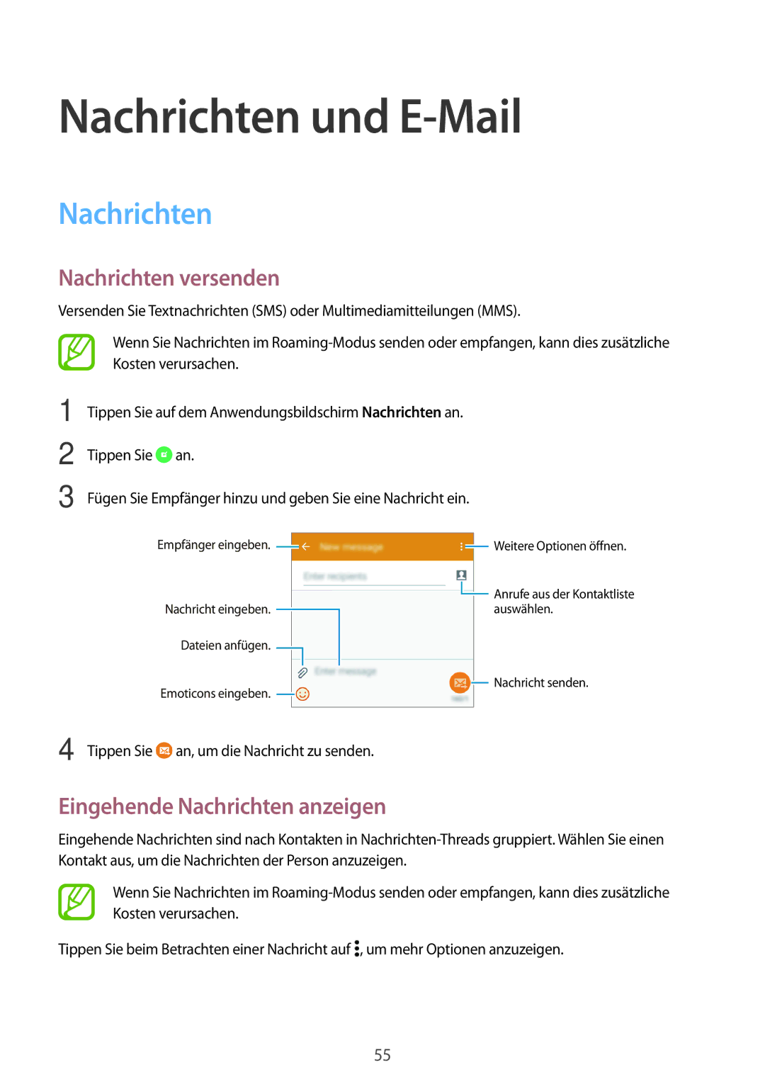 Samsung SM-A300FZWUEUR, SM-A300FZDDSEE manual Nachrichten und E-Mail, Nachrichten versenden, Eingehende Nachrichten anzeigen 