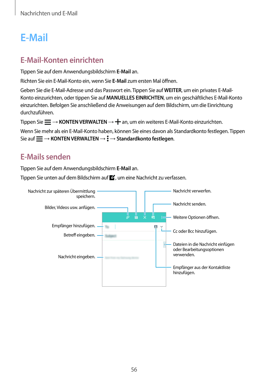 Samsung SM-A300FZWDSEE, SM-A300FZDDSEE, SM-A300FZDUMEO, SM-A300FZDUXEO manual Mail-Konten einrichten, Mails senden 