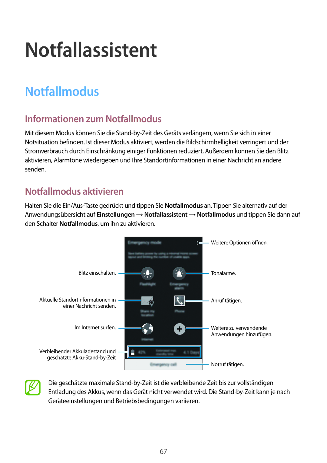 Samsung SM-A300FZKUSFR, SM-A300FZDDSEE manual Notfallassistent, Informationen zum Notfallmodus, Notfallmodus aktivieren 