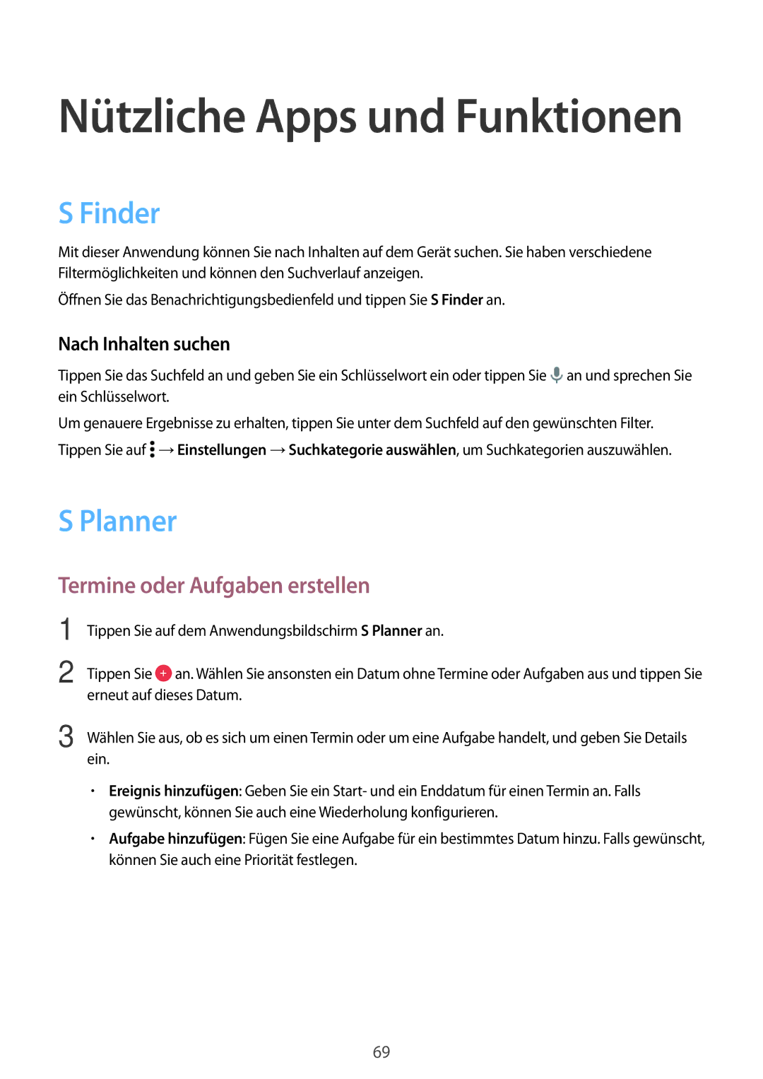 Samsung SM-A300FZDDSEE, SM-A300FZDUMEO manual Finder, Planner, Termine oder Aufgaben erstellen, Nach Inhalten suchen 